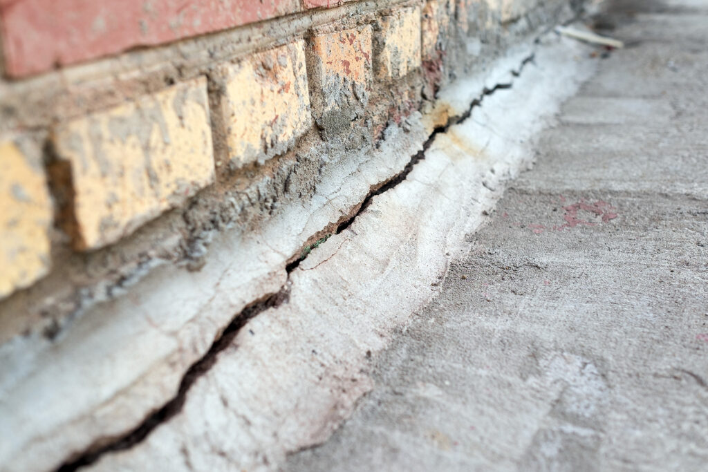 Crack in the foundation of the house.